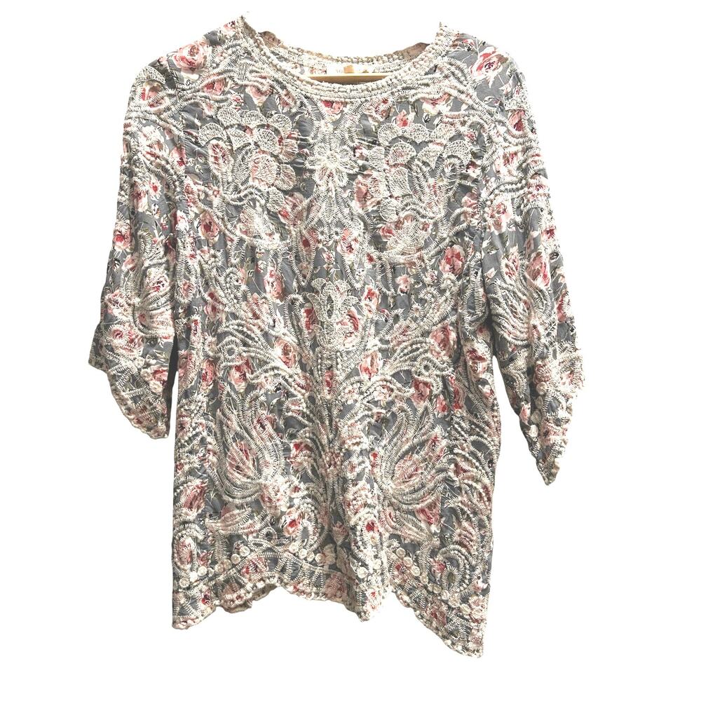 Solitaire Pale Blue Floral Embroidered Tunic Top Romantic Cottagecore Fits Small